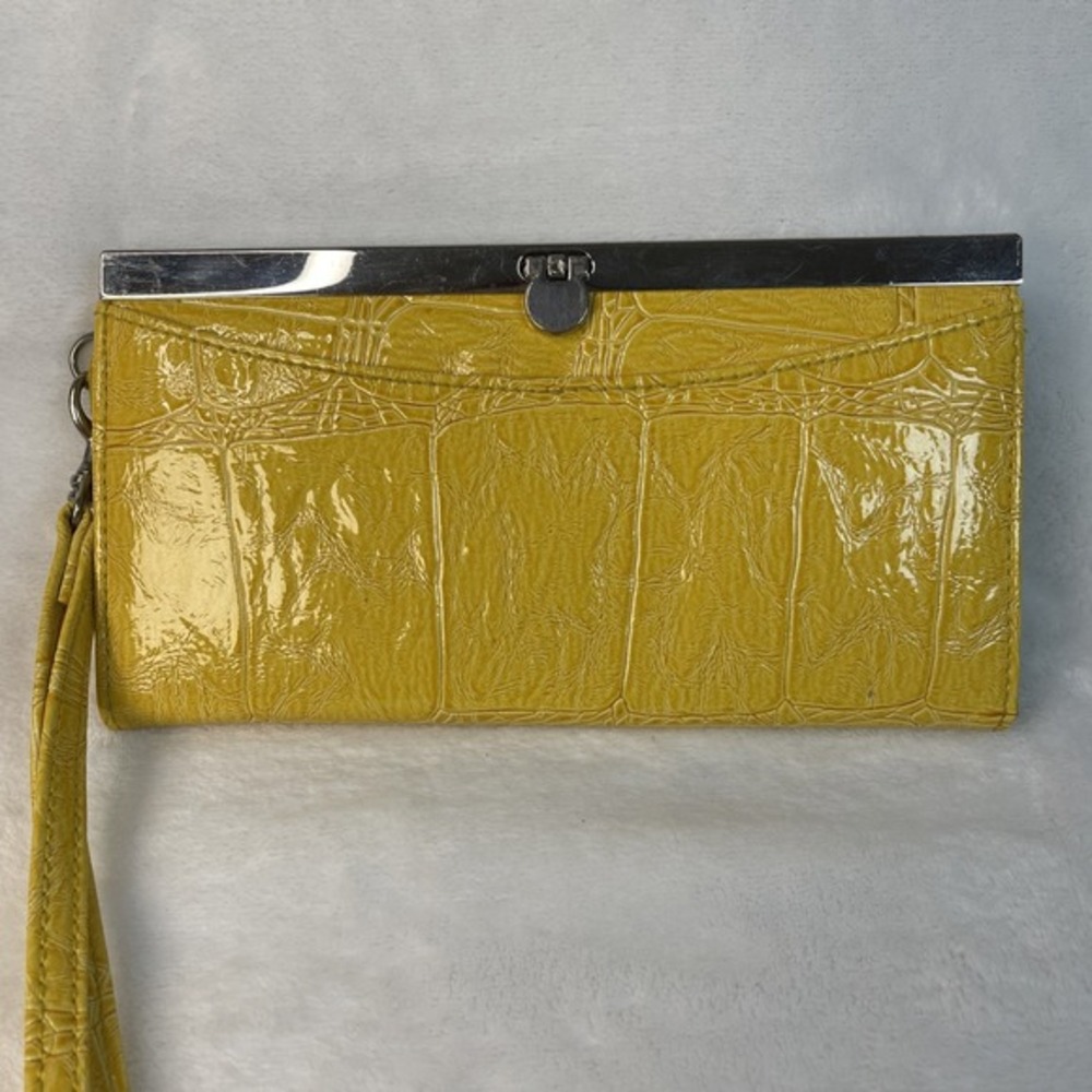 Vintage Yellow Faux Croc‎ Wallet Wristlet w/ Kiss Lock Frame Clasp 7.5x4" Unused